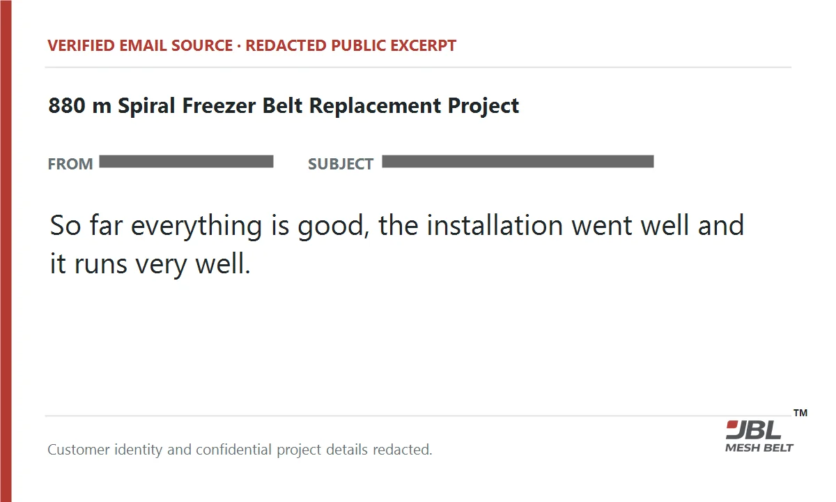 Redacted email excerpt confirming the 880 m replacement project feedback
