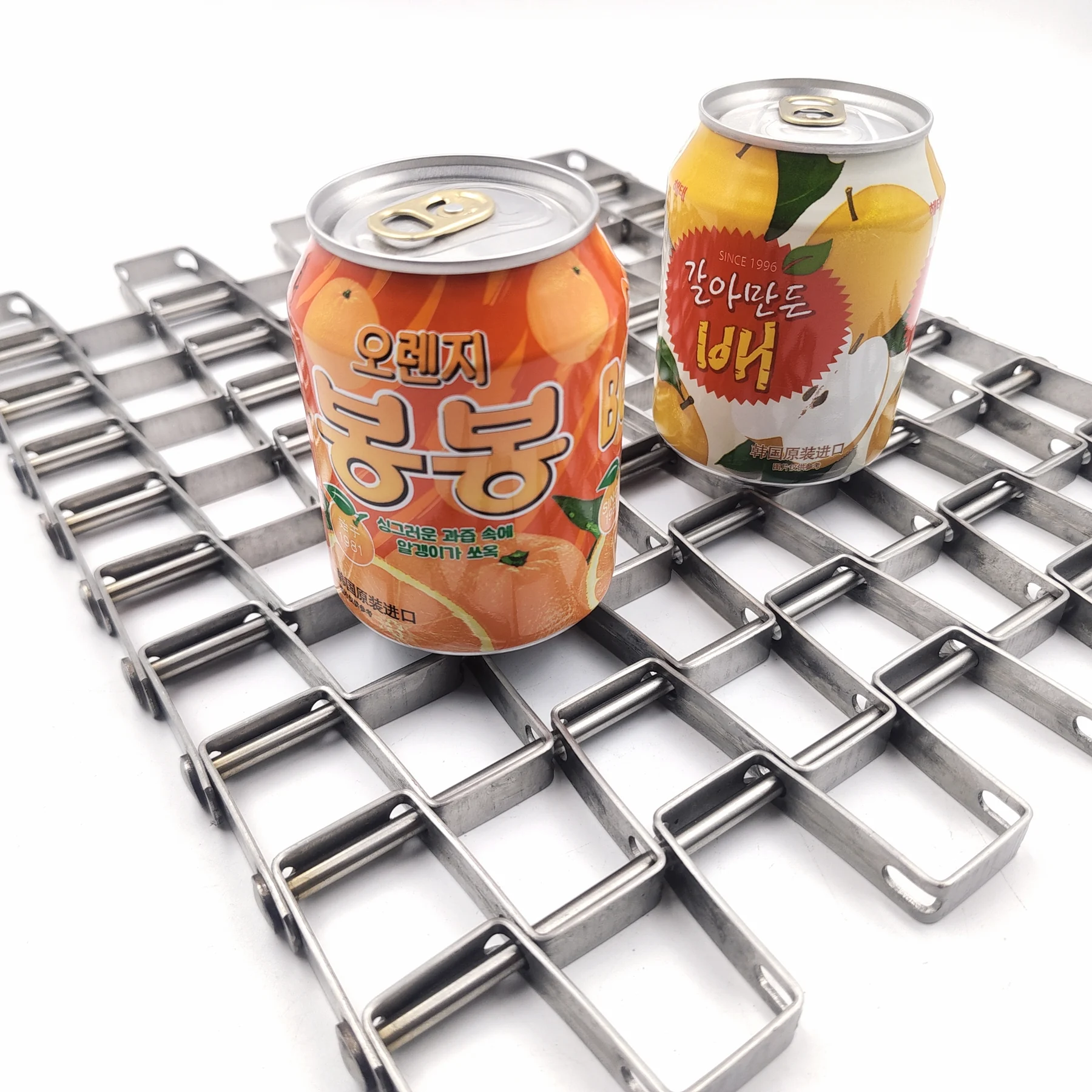 Beverage cans shown on an open metal belt as can-washer application context.