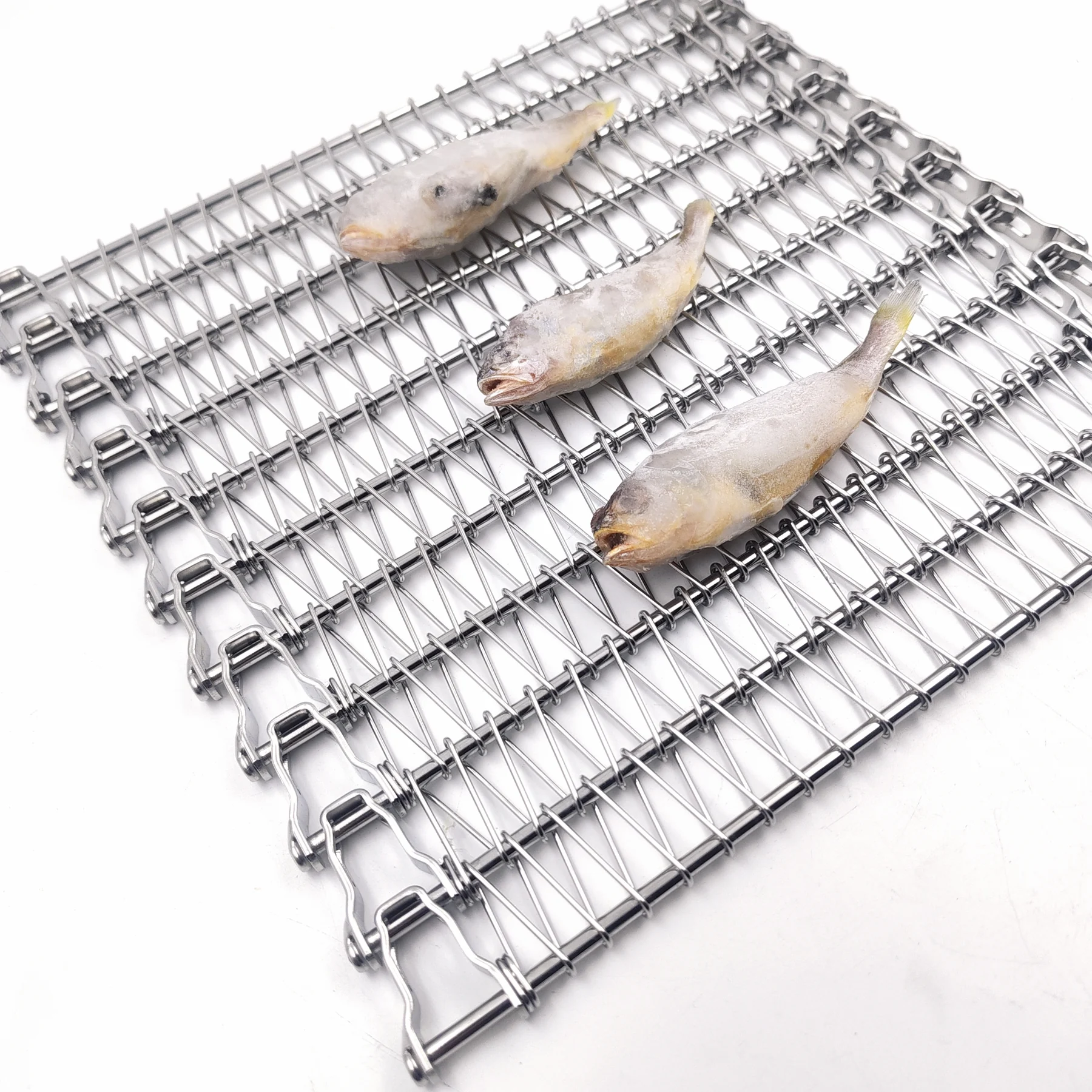 Frosted whole fish arranged on a chain-edged open metal conveyor belt.