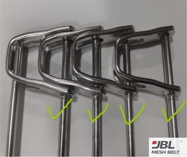 Spiral freezer belt edge links and rods in line, accepted