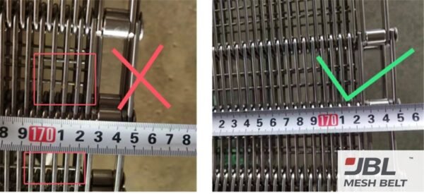 Eye link belt pitch measured the wrong way and the right way