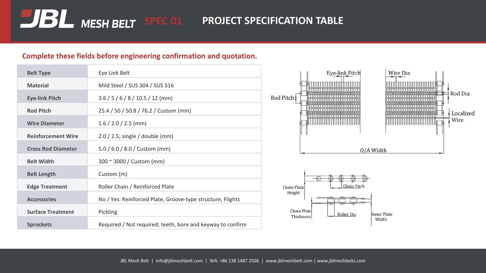 JBL Mesh Belt project specification table with Eye Link Belt pitch, rod pitch, wire diameter, cross rod, width, edge and sprocket drawing